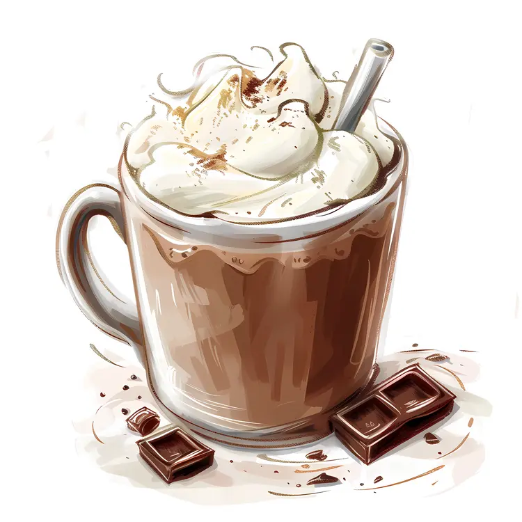 Hot Chocolate with Whipped Cream and Chocolate Pieces