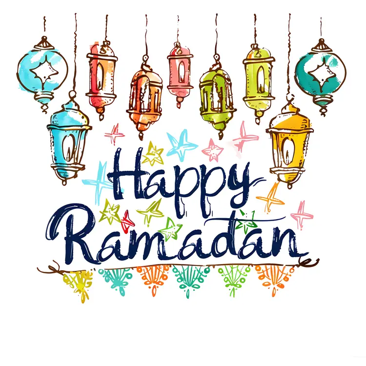 Happy Ramadan with Colorful Lanterns and Stars