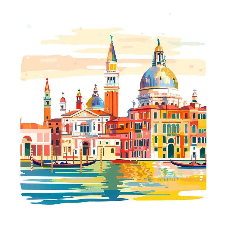 Colorful Buildings and Domes with Water Reflection in Venice