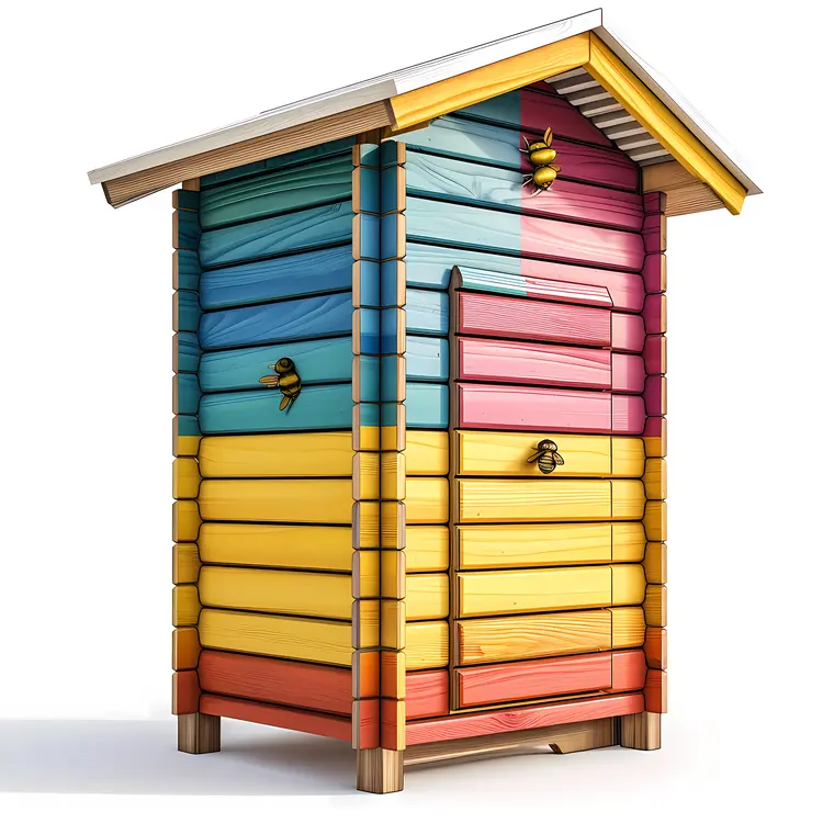 Colorful Wooden Beehive with Bees