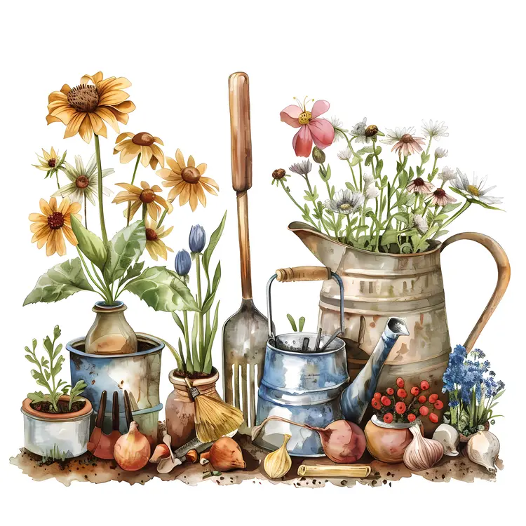 Gardening Tools with Flowers