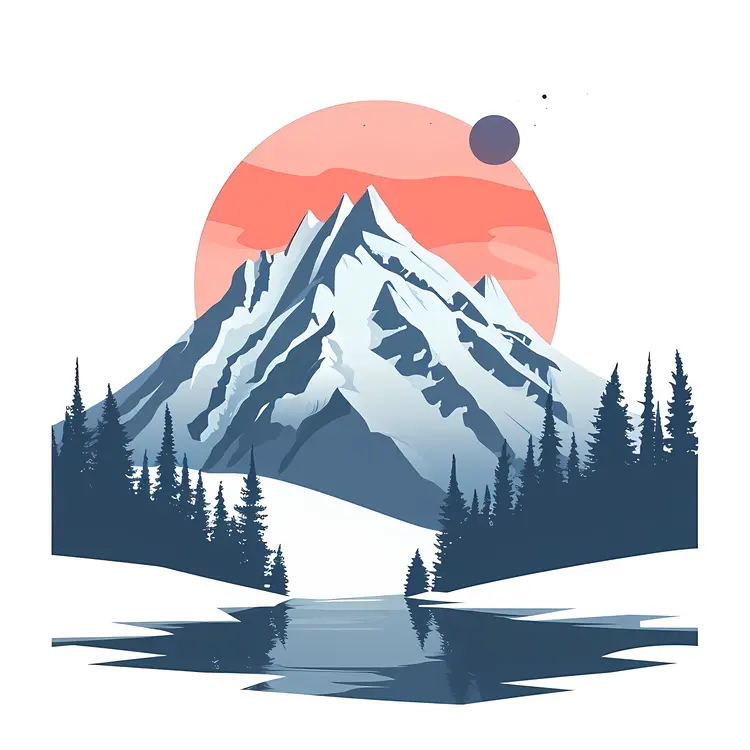 Snowy Mountain with Lake and Red Sun