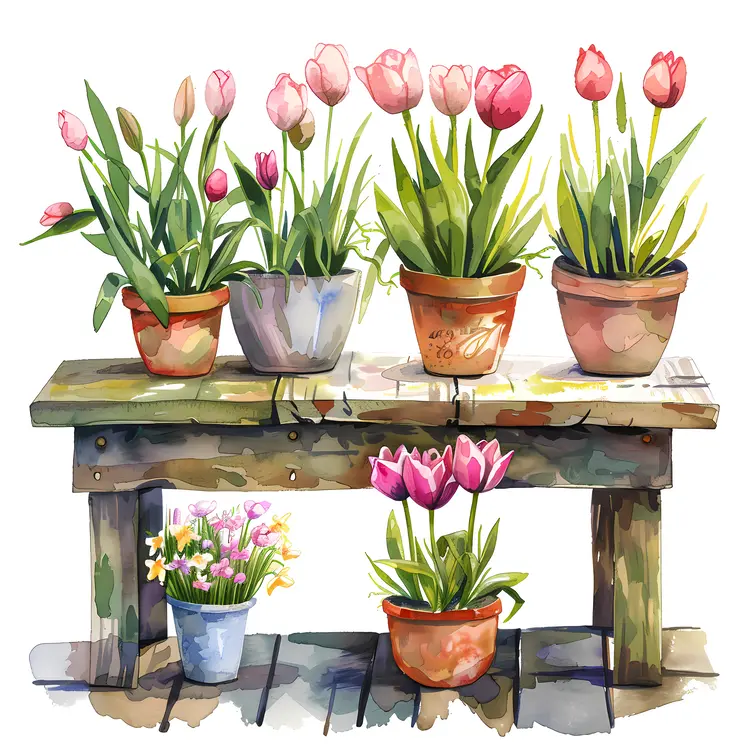 Potted Tulips on Wooden Bench