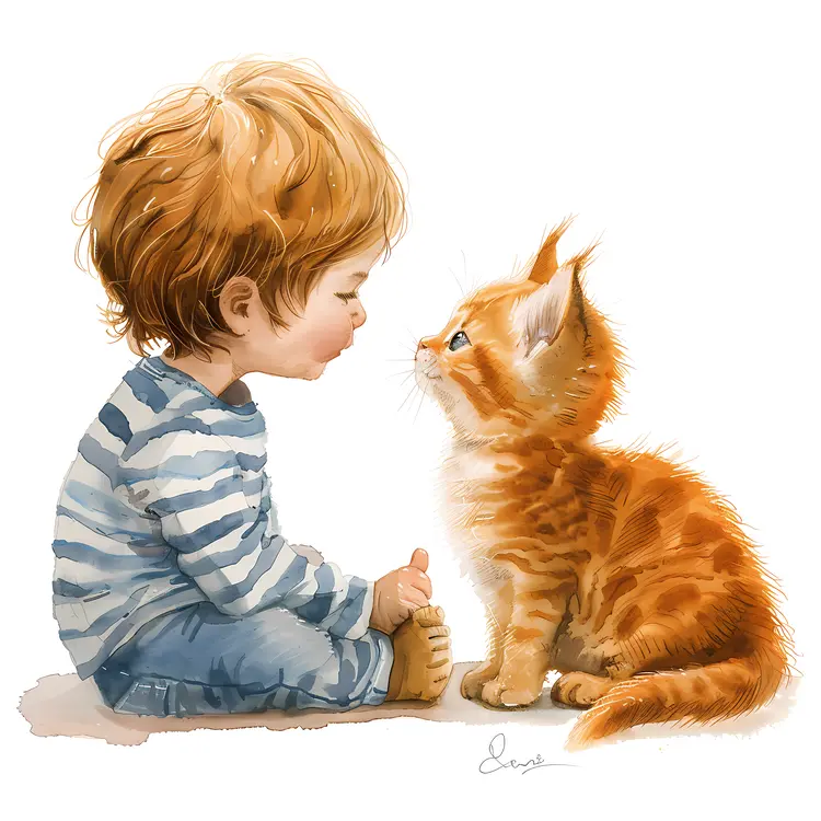 Watercolor Boy Sitting with Kitten Illustration