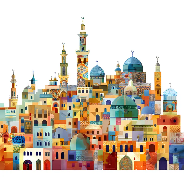 Colorful Mosque Community with Domes and Minarets