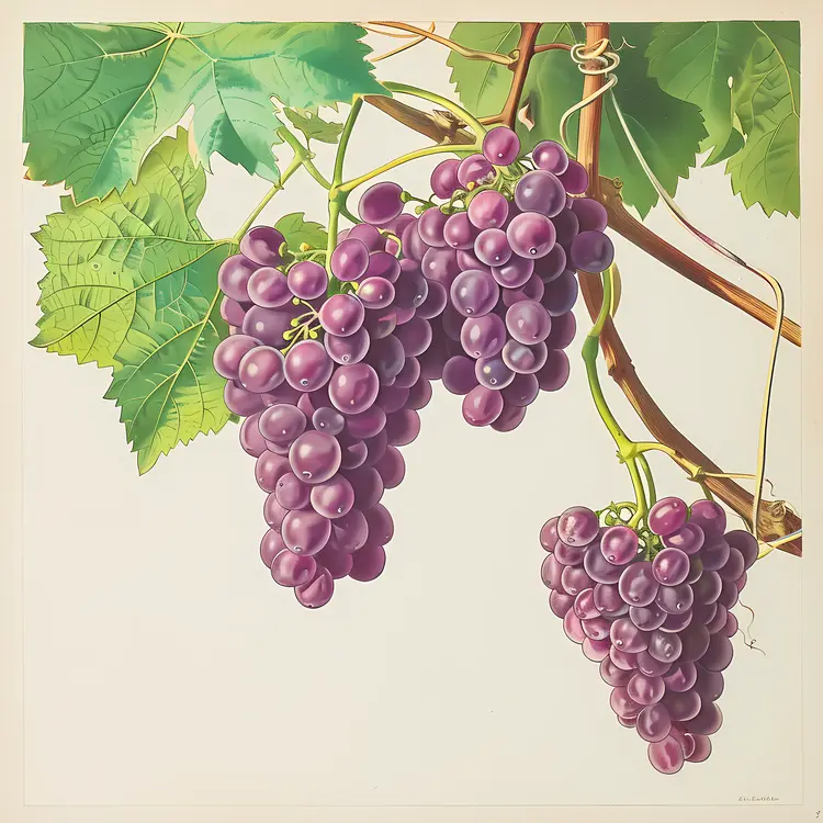 Cluster of Purple Grapes on Vine