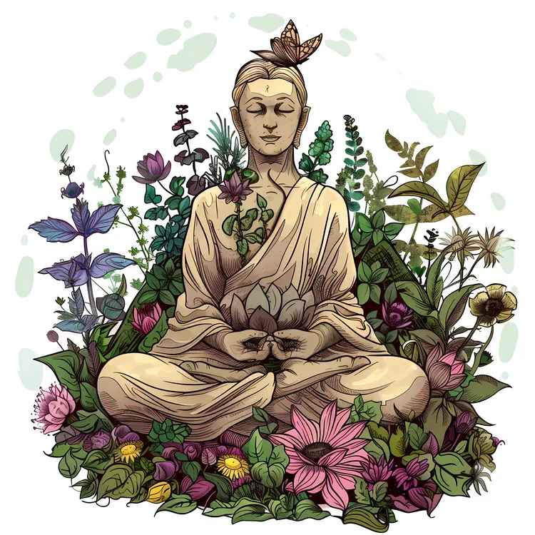 Buddha Statue Surrounded by Flowers