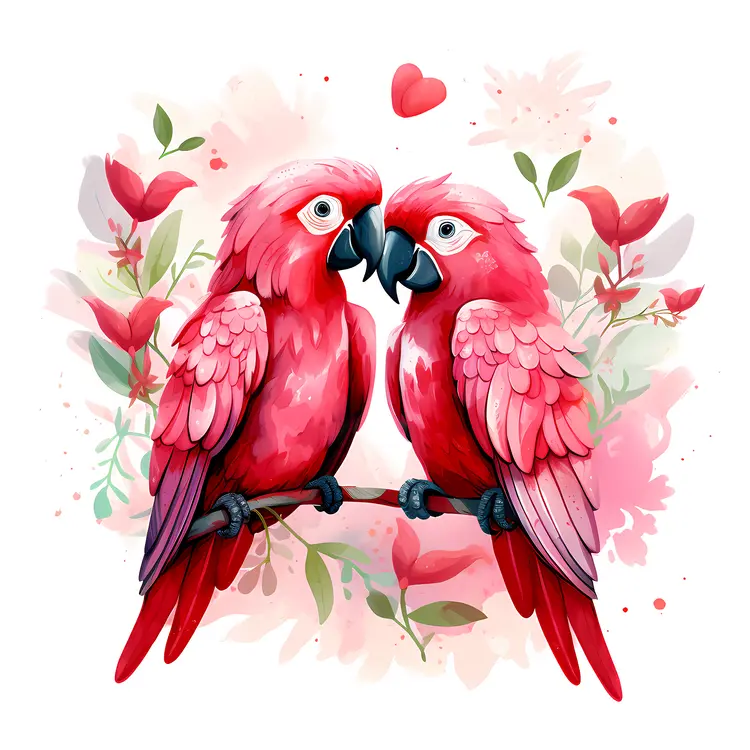 Red Parrots in Love on a Branch