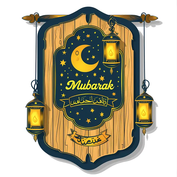 Mubarak Sign with Lanterns and Crescent Moon