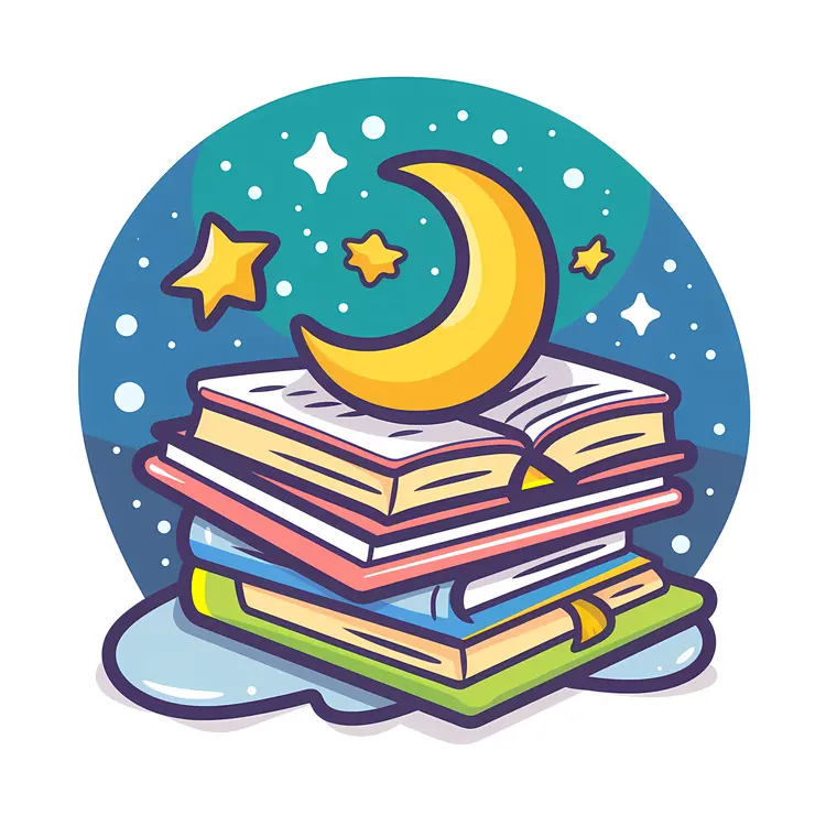 Books and Moon with Stars in the Night Sky