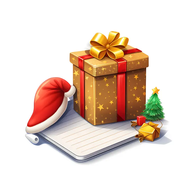 Christmas Gift Box with Santa Hat and Tree