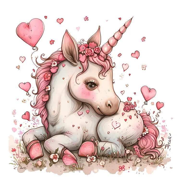 Resting Unicorn with Hearts and Flowers