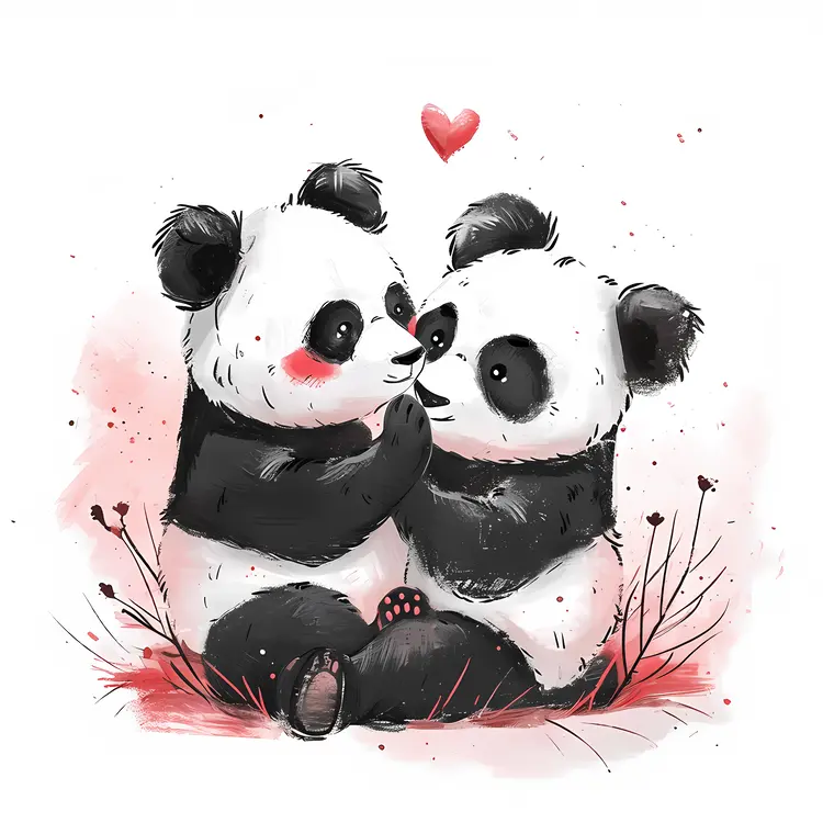 Cute Pandas with Single Heart Illustration