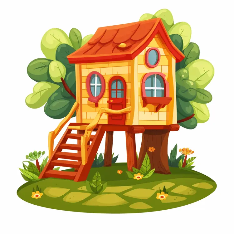 Charming Yellow Treehouse with Stairs and Green Trees