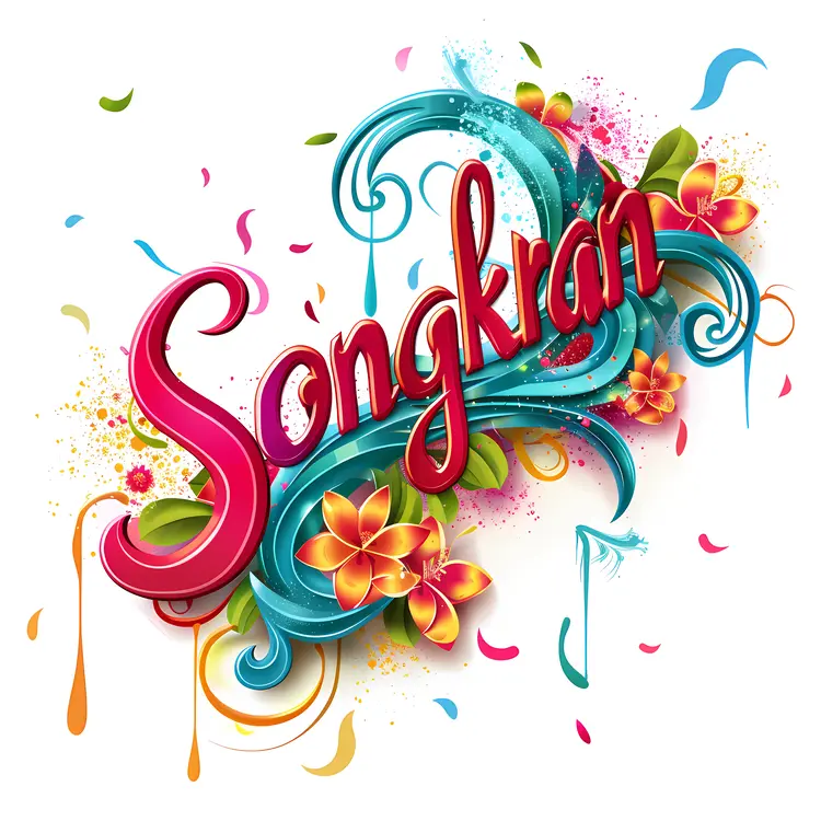 Songkran text with flowers and water