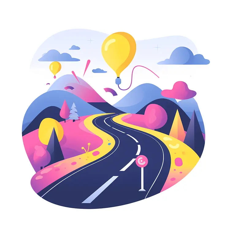 Winding Road through Colorful Mountains with Hot Air Balloon