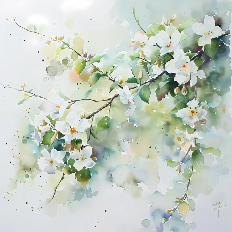 White Flowers on a Branch with Green Leaves