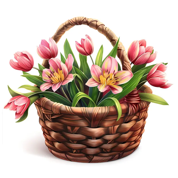 Wicker Basket with Pink Tulips