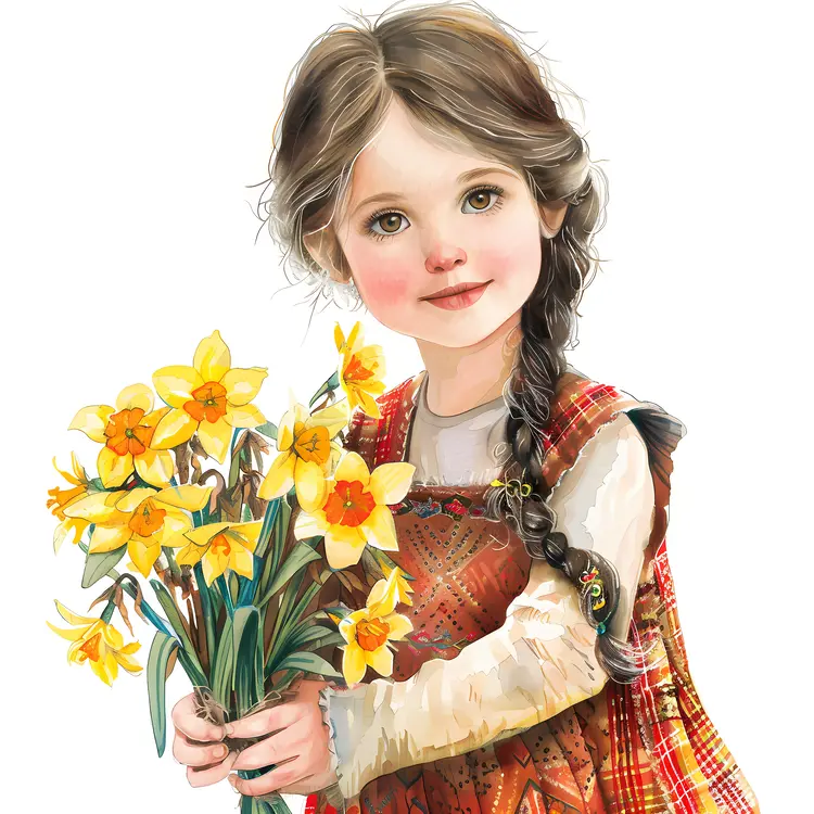 Girl Holding Daffodils with Braided Hair