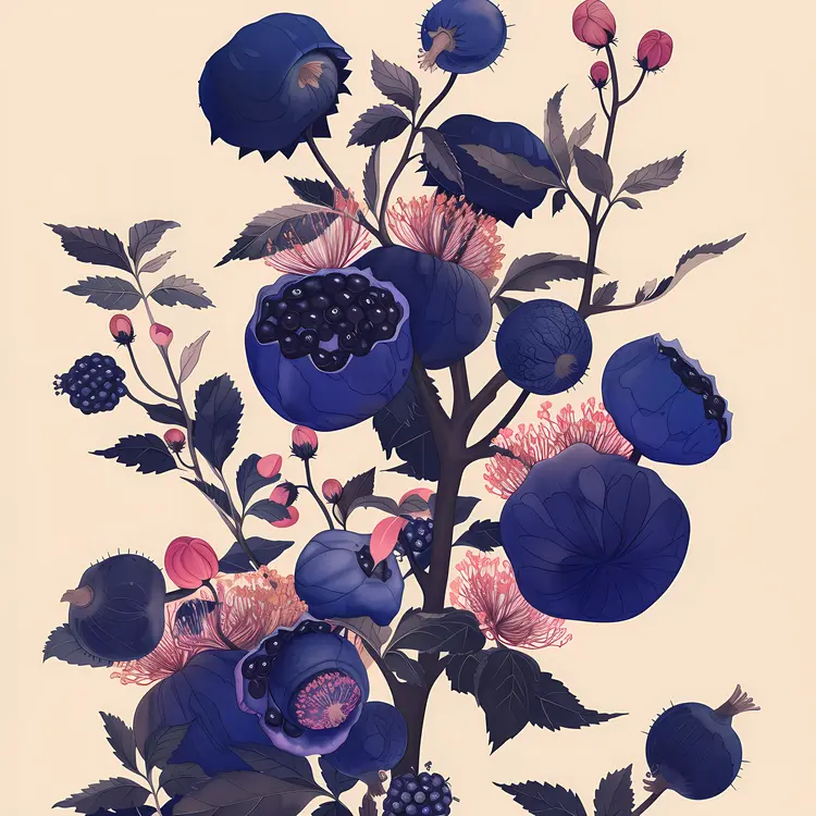 Watercolor Blueberries with Leaves