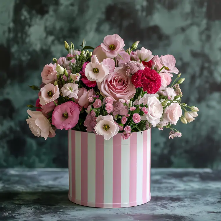 Pink and White Floral Arrangement in Striped Box
