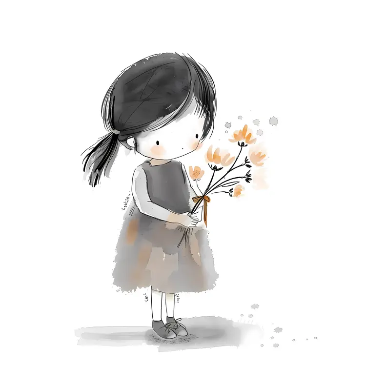 Watercolor Girl Holding Flowers Illustration