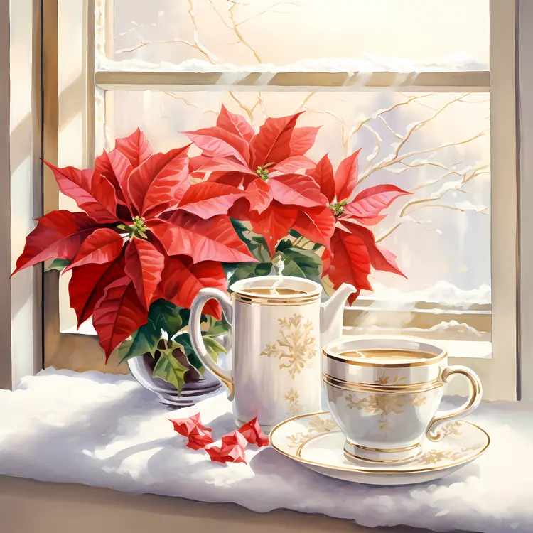 Red Poinsettia by the Window with Coffee Cup