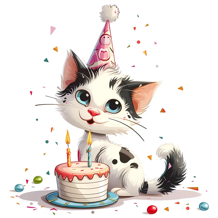 Cute Cat with Birthday Hat and Cake