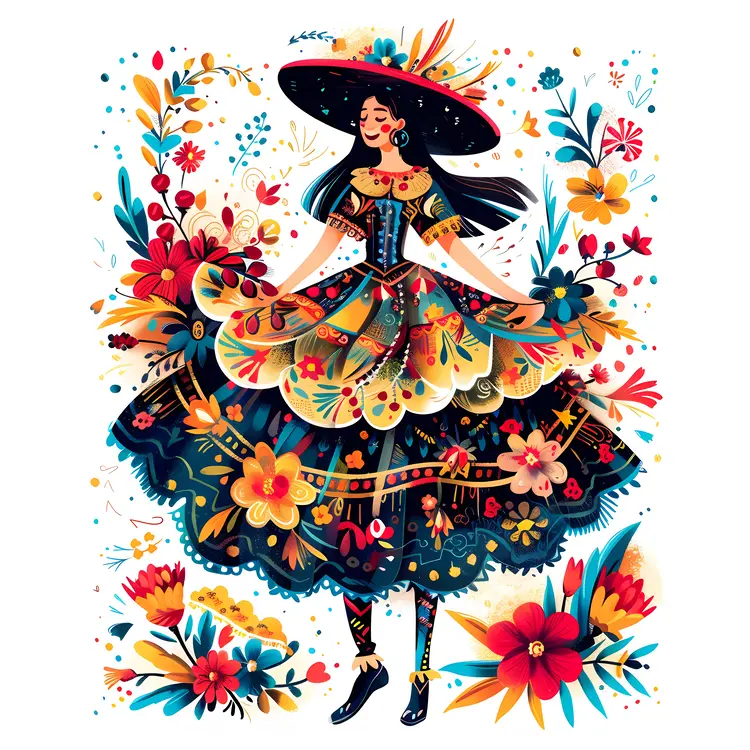Colorful Woman in Floral Dress Illustration