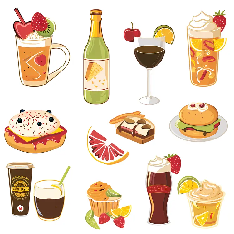 Colorful Assortment of Food and Drinks