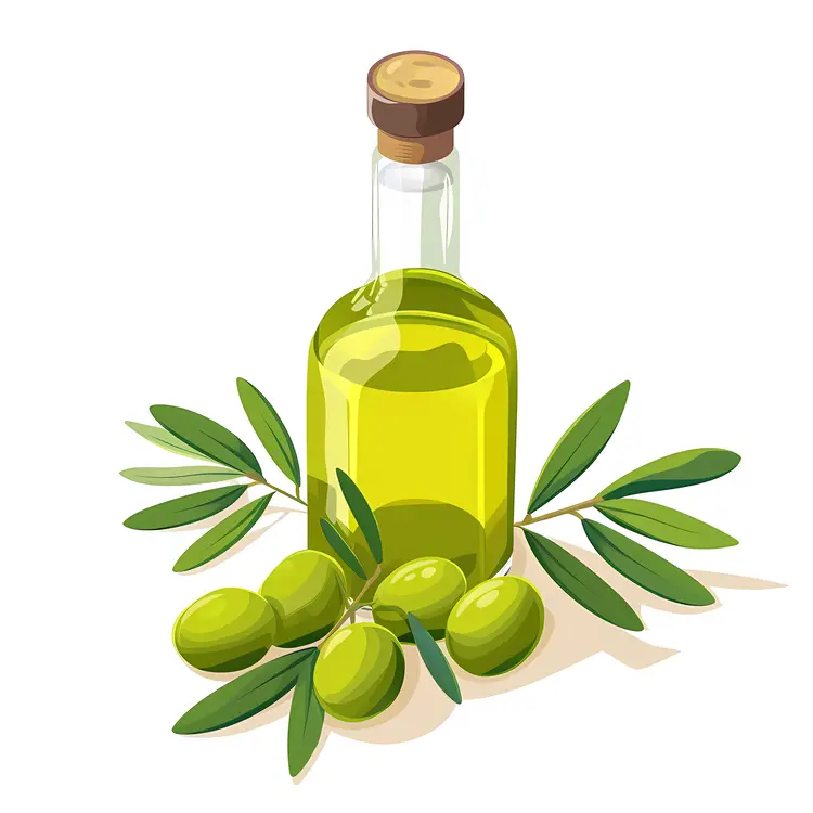 Olive Oil Bottle with Green Olives and Leaves