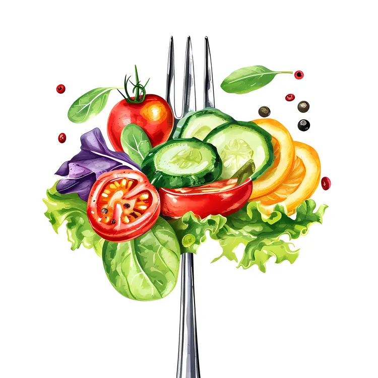 Artistic Salad on Fork with Fresh Vegetables