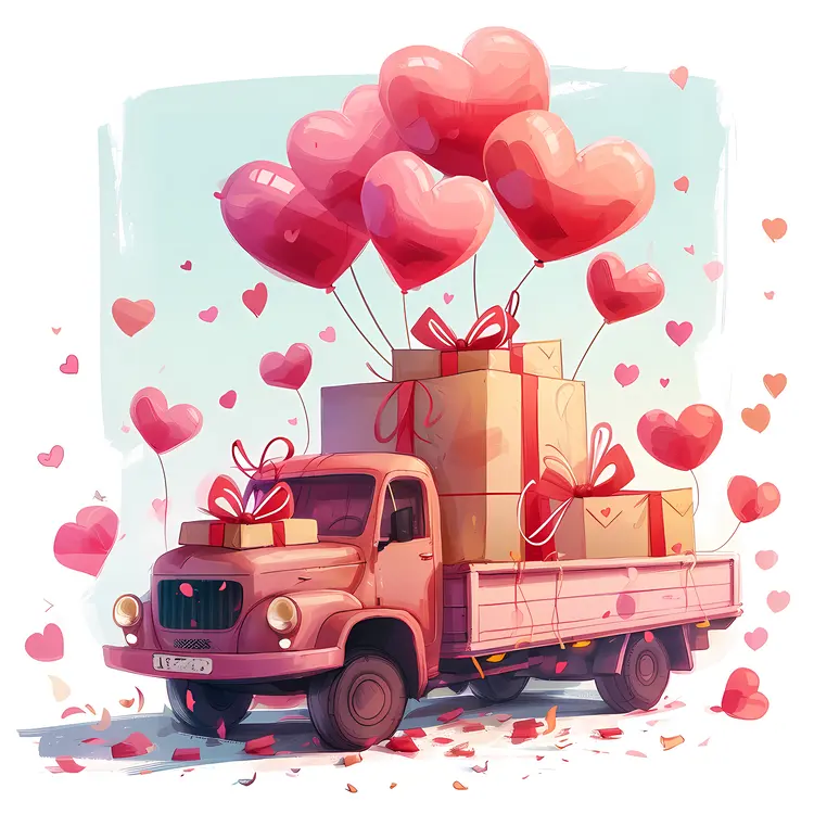 Truck with Gifts and Heart Balloons