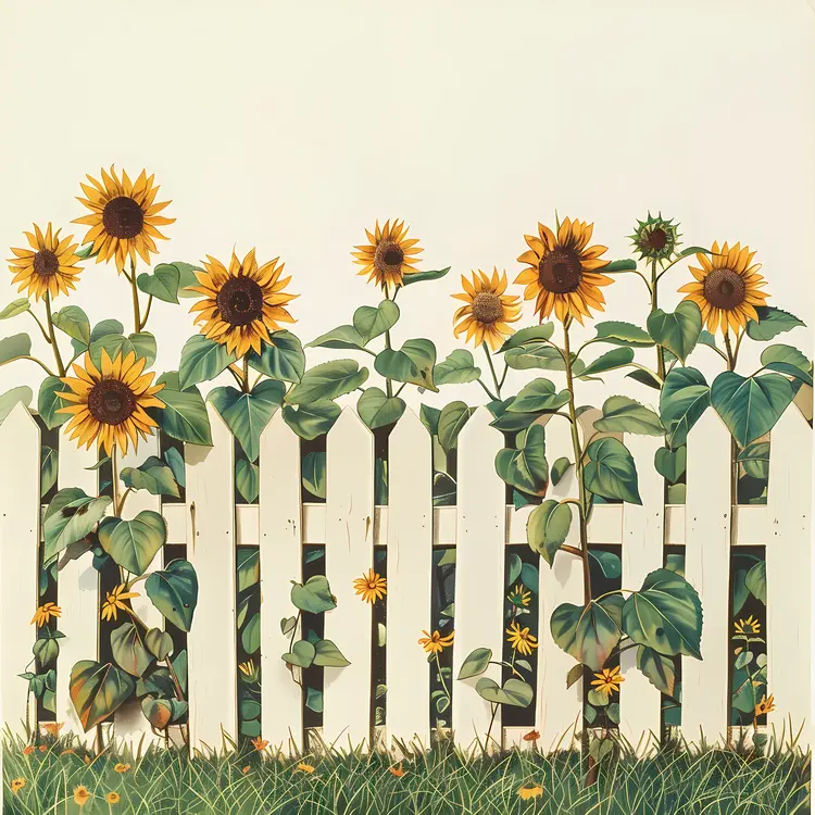 Sunflowers on White Fence