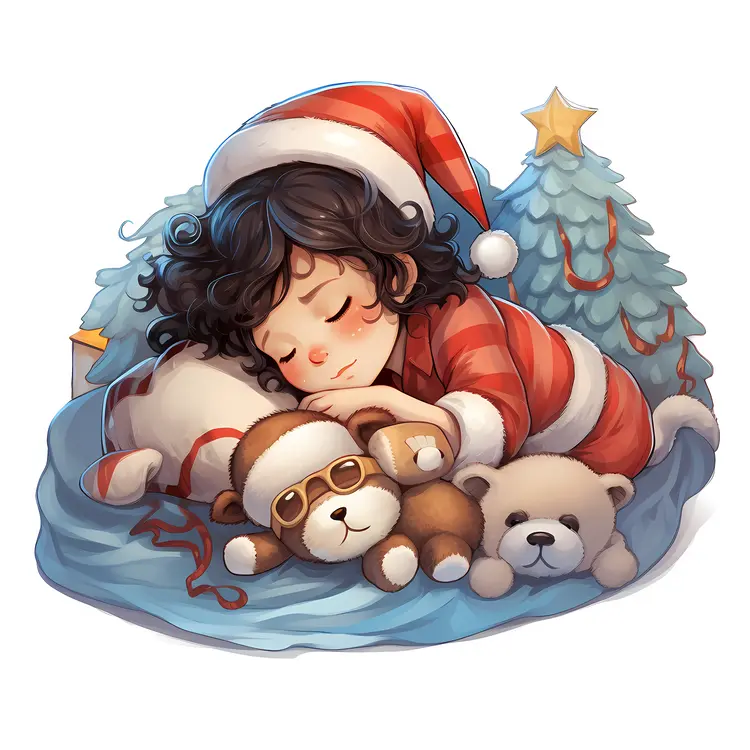 Sleeping Girl with Teddy Bears and Christmas Tree