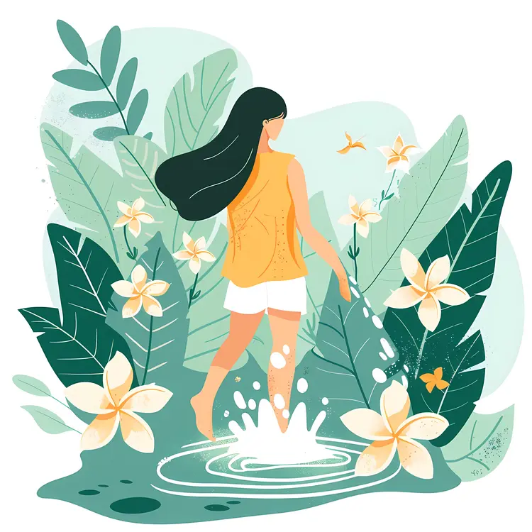 Girl in Nature with Flowers and Leaves