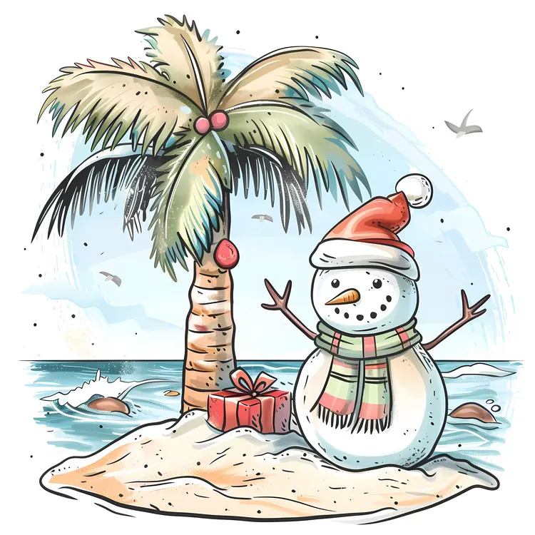 Snowman with Gifts on a Beach