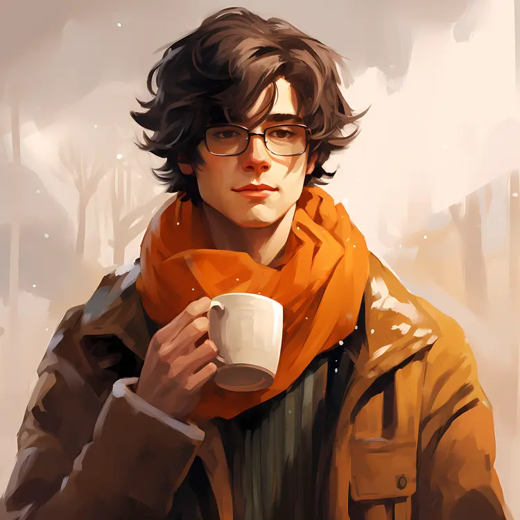 Young Man with Glasses and Orange Scarf Holding a Mug