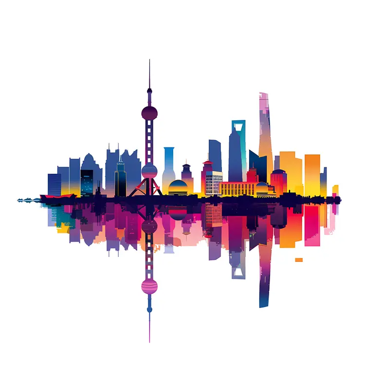 Colorful City Skyline with Reflection