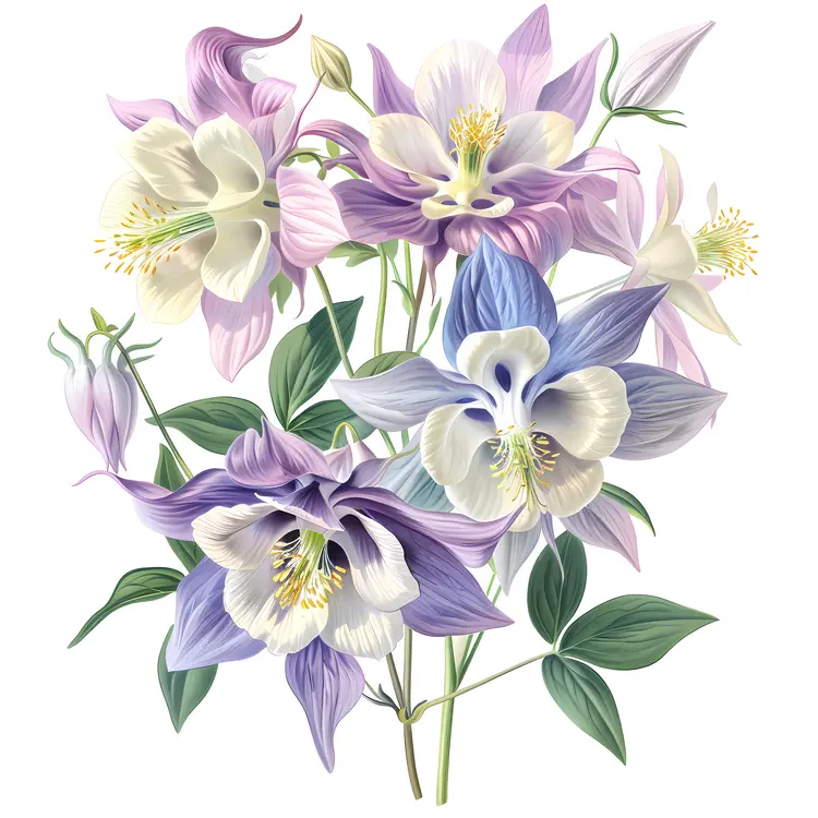 Delicate Purple and White Flowers Botanical Illustration