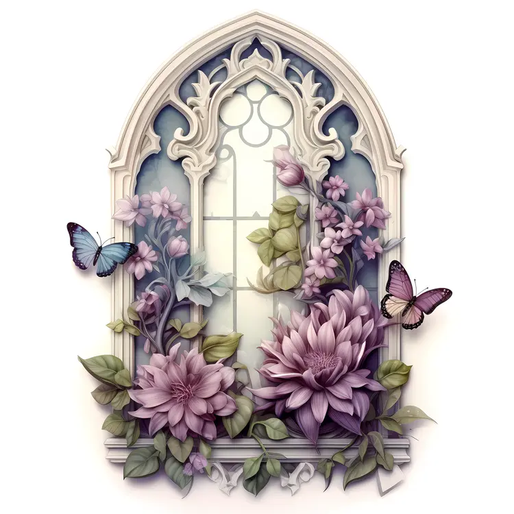 Butterfly and Flowers in a Gothic Window with Blue Butterflies