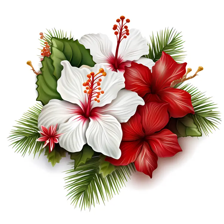 Bouquet of Red and White Hibiscus Flowers with Green Leaves