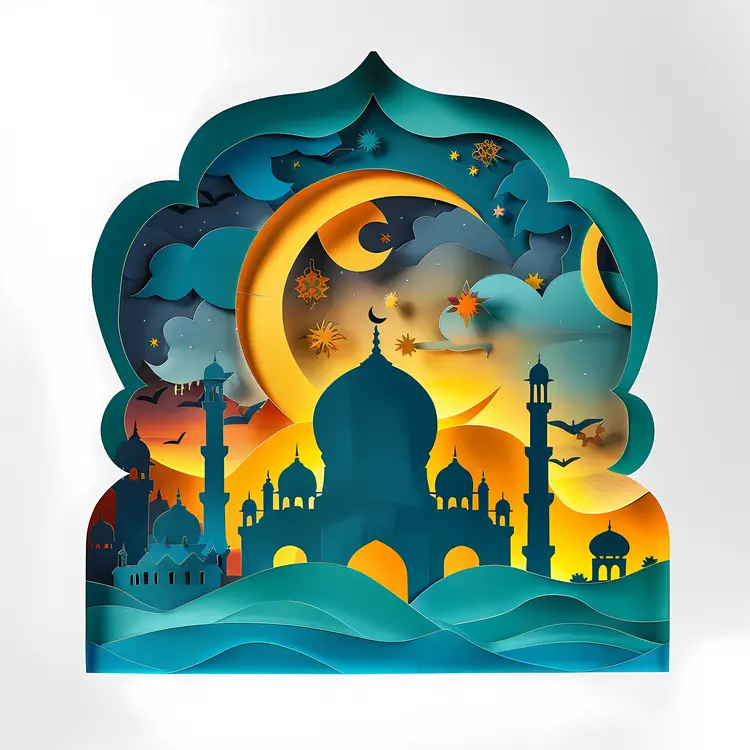 Colorful Mosque with Crescent Moon and Stars