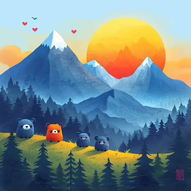 Cute Bears in Mountain Landscape with Sunset