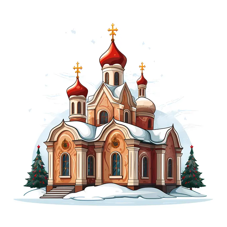 Snowy Russian Orthodox Church with Red Domes