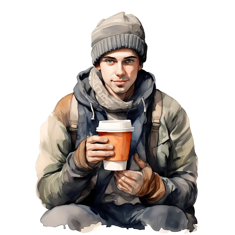 Young Man with Coffee Cup in Winter Outfit