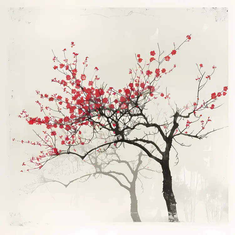 Red Blossom Tree in Traditional Art Style