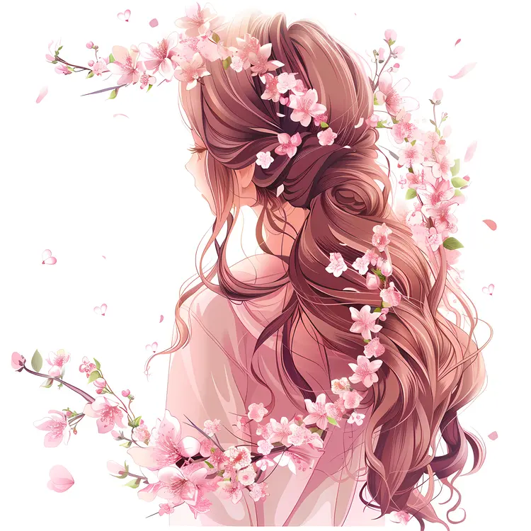Hair with Cherry Blossoms in a Side View