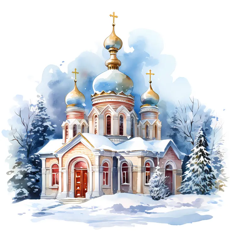 Snowy Church with Golden Domes