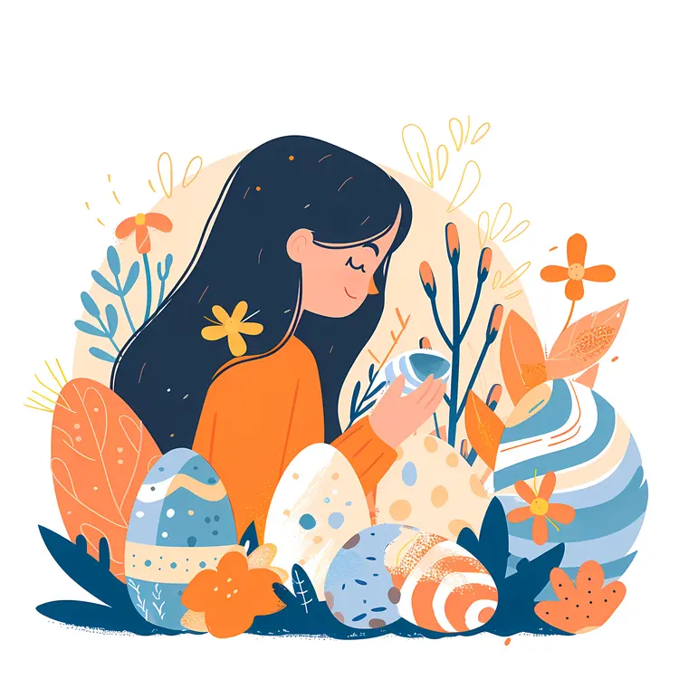 Woman Holding Decorated Eggs in a Floral Setting